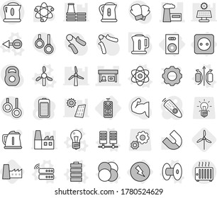 Editable thin line isolated vector icon set - factory, gas station, remote control, electricity, power socket, speaker, atom vector, core, magnetic field, electron, bulb, coil, windmill, server