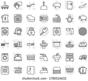 Editable thin line isolated vector icon set - sink, hanger, iron, cutting board, kettle, colander, toaster, double boiler, fridge, food processor, sieve, pig, sheep, water tap vector, vacuum cleaner
