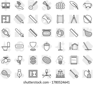 Editable thin line isolated vector icon set - pencil, chicken leg, broken bone vector, mansion, ruler, drawing compasses, water tap, fence, bulb, pen, skimmer, potato, cow, shovel, fork, rake, acorn