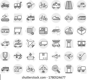 Editable thin line isolated vector icon set - box, cargo stoller, ambulance car vector, helicopter, airport tower, road, plane, shipping, consolidated, fragile, do not trolley sign, train, baggage