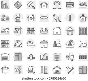 Editable thin line isolated vector icon set - nail, greate wall, bridge, project, home, skyscrapers, skyscraper, slum, modern architecture, house with garage, modular, panel, window, city, repair