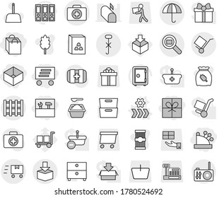 Editable thin line isolated vector icon set - gift, shopping bag, box, cashbox, delivery, tools, doctor case vector, trolley, dry cargo, do not hook sign, package, search, pallet, fast deliver, safe