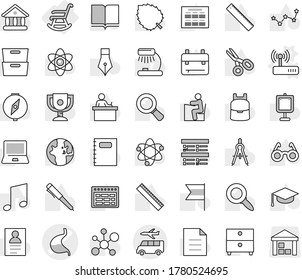 Editable thin line isolated vector icon set - stomach vector, transfer, rocking chair, router, book, copybook, graduate hat, pen, ruler, drawing compass, glasses, student, backpack, atom, table lamp