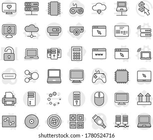 Editable thin line isolated vector icon set - calculator, invoice, cooler fan, surveillance camera, chip vector, cpu, laptop wifi, server, cloud, printer, analytics, cd, browser window, notebook pc