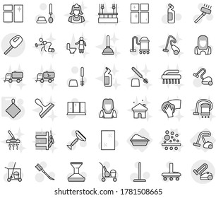 Editable thin line isolated vector icon set - washing, vacuum cleaner, filter vector, rag, scraper, trolley, mop, car fetlock, window cleaning, toilet brush, agent, shining, woman, sweeper, wiping
