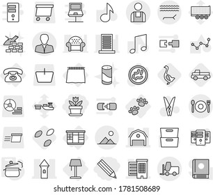 Editable thin line isolated vector icon set - pencil, flower, tower, houses, barn, client, fork loader, workman, lounger, cafe, landscape, curtain, wardrobe, phone, pets, floor lamp, steam pan, port