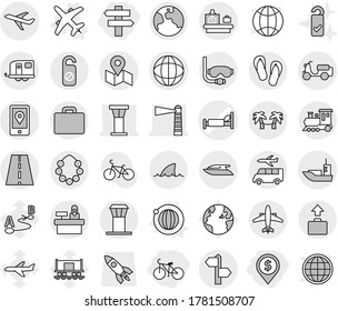 Editable thin line isolated vector icon set - dollar pin, singlepost, bike, hospital bed vector, airport tower, lighthouse, road, signpost, globe, plane, mobile location, sea shipping, scooter, map