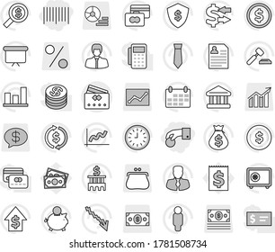 Editable thin line isolated vector icon set - hand coin, bar code, credit card, bank vector, exchange, dollar, graph, crisis, money bag, piggy, manager, growth, auction, building, search, clock, man