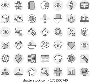 Editable thin line isolated vector icon set - bow, star, spark plug, calendar, eye vector, brain, cross, houses, modern architecture, 3d, protected, landscape, blocks, chip, welding, orbit, fire