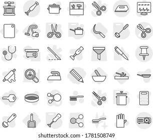 Editable thin line isolated vector icon set - pencil, tools, scissors vector, pin, key, scoop, cutting board, vacuum cleaner, saute pan, whisk, blender, soil cutter, mortar, sickle, fetlock, iron