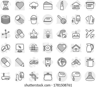 Editable thin line isolated vector icon set - atm receipt, heart, lipstick, pill vector, jellyfish, home, vacuum cleaner, plane, pan, fork spoon plate, pancakes, hive, steaming, bucket, jug, cake