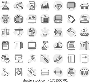 Editable thin line isolated vector icon set - cashbox, tools, tower crane, diving mask, water tap, table, speaker, vacuum cleaner, gears vector, conveyor, knife, fridge, axe, plunger, broom, sponge