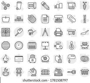 Editable thin line isolated vector icon set - gift, market scales, cashbox, calendar vector, block wall, japanese house, drawing compasses, fence, document, chair, printer, web camera, measuring cup