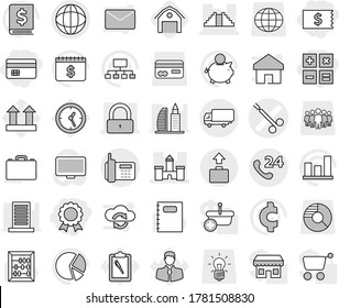 Editable thin line isolated vector icon set - credit card, receipt, medal, calculator, surgical clamp vector, castle, pyramid, lock, globe, phone, 24, shipping, baggage, barn, copybook, case, abacus