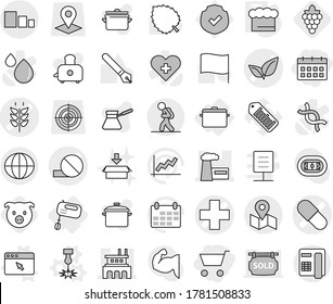 Editable thin line isolated vector icon set - cart, calendar, medical cross vector, pill, spikelets, leafs, factory, map, sorting, globe, tourist, mixer, pan, laser, browser window, chief hat, pig