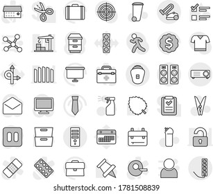 Editable thin line isolated vector icon set - clothespin vector, trash bin, sprayer, cleaning agent, backpack, paper pin, archive, leaf, exam, case, presentation board, dollar medal, tie, t shirt