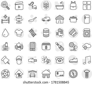 Editable thin line isolated vector icon set - spikelets vector, vacuum cleaner, scoop, water drop, shining window, pan, camping cauldron, backpack, microscope, paper pin, compass, music, check, car