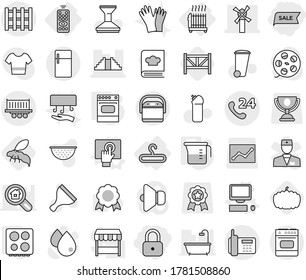 Editable thin line isolated vector icon set - lock, sale, pyramid, windmill, phone, 24, truck shipping, pallet, remote control, hanger, radiator, touchscreen vector, computer, measuring cup, hob
