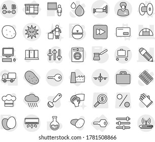 Editable thin line isolated vector icon set - hospital bed vector, virus, pencil, greenhouse, route a to b, support manager, plane, suitcase, baggage trolley, key, wardrobe, coil, envelope, computer