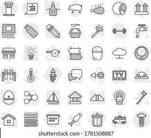Editable thin line isolated vector icon set - bin, shopping list, atm receipt, spark plug, necklace, test vial vector, dome house, pyramid, airport tower, share, electron, apron, egg timer, pig, tv