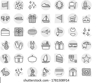 Editable thin line isolated vector icon set - gift, hi quality package, plane, bus, tourist, passenger, lounger, palm, hawaiian wreath, disco ball, aquapark, starfish, baggage trolley, reception