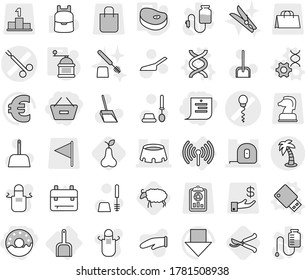 Editable thin line isolated vector icon set - remove from basket, shopping list, donut, sperm vector, surgical clamp, measuring tape, stadium, palm, wireless, scoop, dna, edit, usb flash, hand mill