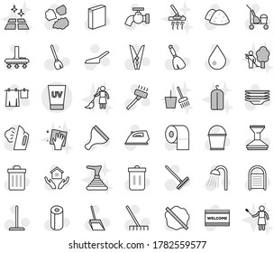 Editable thin line isolated vector icon set - uv cream, scraper vector, cleaner trolley, broom, vacuum, mop, scoop, rake, bucket, clothespin, trash bin, water drop, tap, car fetlock, splotch, iron