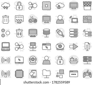 Editable thin line isolated vector icon set - baggage checking, share vector, cpu, laptop wifi, server, web camera, analytics, browser window, trash bin, touch, gamepad, monitor, notebook pc, hdmi