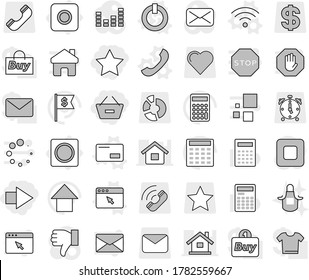 Editable thin line isolated vector icon set - remove from basket, star, right arrow, ring button, on off vector, envelope, phone, wireless, browser window, apron, calculator, up, dollar flag, call