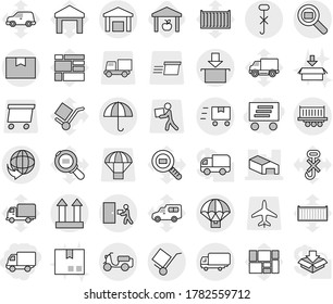 Editable thin line isolated vector icon set - delivery, warehouse, truck shipping, scooter, package box, trolley, dry cargo, top sign, do not hook, courier, search, parachute, fast deliver, car, no