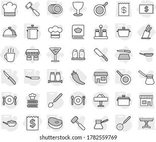 Editable thin line isolated vector icon set - receipt, hot drink, cafe, restaurant, shop, cutting board, stands for knives, pan, cook hat, skimmer, big spoon, knife, salt pepper, plates, fork plate