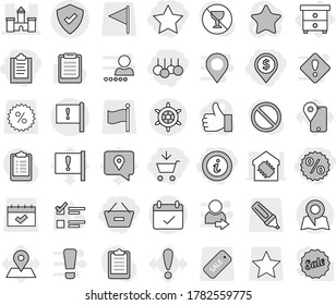 Editable thin line isolated vector icon set - add to cart, clipboard, remove from basket, dollar pin, percent, sale, star, info, castle, important flag, terms, protected, map, handwheel, nightstand