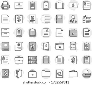 Editable thin line isolated vector icon set - clipboard, receipt, list, copybook, anamnesis vector, modular house, check, documents, document, passport, printer, browser window, case, certificate