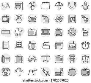 Editable thin line isolated vector icon set - bow, purse, phone, tv, baby stroller, church, rocket, curtain, table, stool, chair, hand mill, windmill, horseshoe, washboard vector, apron, kettle