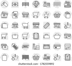 Editable thin line isolated vector icon set - cart, add to, basket, credit card, account balance, remove from, delete, store, shopping bag, sale, bar code, cashbox, shop, mall, label, office vector