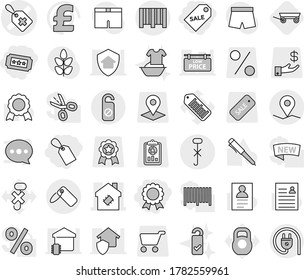 Editable thin line isolated vector icon set - label, sale, medal, ticket, medical vector, smart house, geo pin, do not hook sign, bar code, distrub, trailer, handle washing, please clean, pen, pound