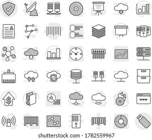 Editable thin line isolated vector icon set - bar code, protected, satellite antenna vector, server, cloud, service, analytics, cd, presentation, archive, personal information, graph, dollar growth