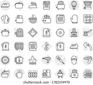 Editable thin line isolated vector icon set - hot drink, medical thermometer vector, air ballon, sun, coffee maker, toaster, hair dryer, pan, bbq, ladle, steam, kettle, cook glove, turk, hob, iron