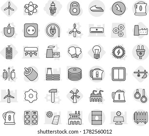 Editable thin line isolated vector icon set - spark plug, factory, barrel, jet ski, bulb, remote control, electricity, power socket, switch, magnetic field vector, magnet, windmill, hammer, solar