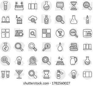 Editable thin line isolated vector icon set - magnifier, test vial vector, flask, potion bottle, window, chemical, cargo search, bulb, mirror, data, coffee maker, ketchup, shining, clean floor, oil