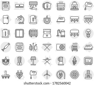 Editable thin line isolated vector icon set - spark plug, cooler fan, air conditioning, power switch, radiator, iron, board, fridge, mixer, floor lamp, magnetic field vector, magnet, electric, oven