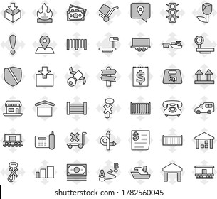 Editable thin line isolated vector icon set - route vector, signpost, map pin, Railway carriage, attention, office, satellite, money, traffic light, phone, traking, ship, truck trailer, car, receipt