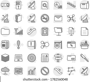 Editable thin line isolated vector icon set - singlepost, stairs, important flag, documents, escalator, reception, satellite antenna, vector, cloud, envelope, cd, browser window, signal, pen, binder