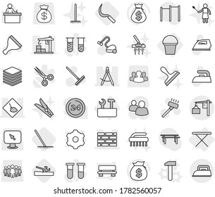 Editable thin line isolated vector icon set - under construction, draw compass, brick wall, loading, iron board, bucket, repair tools, hammer vector, soil cutter, rake, sickle, scraper, clothespin