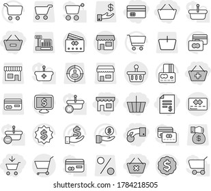 Editable thin line isolated vector icon set - add to cart, basket, hand coin, credit card, account balance, remove from, delete, shop, vector, investment, dollar medal, monitor, target audience