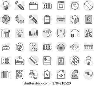 Editable thin line isolated vector icon set - pencil, add to basket, percent, equalizer, bone vector, brain, bridge, 3d, smart house, fence, bulb, blocks, connect, eggplant, washer, cake, pound, buy