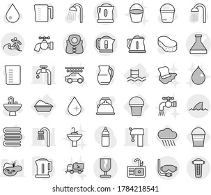 Editable thin line isolated vector icon set - flask vector, fragile, diving mask, surfer, life vest, shark flipper, washing, bucket, pool, towels, kettle, rain cloud, sponge, water drop, tap, shower