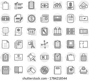 Editable thin line isolated vector icon set - clipboard, shopping bag, sale, percent, copybook, anamnesis vector, project, panel house, plan, money, pen, cargo top sign, inventory, label, ticket