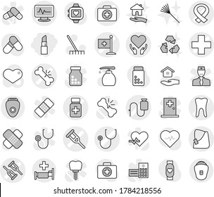 Editable thin line isolated vector icon set - lipstick, medical cross vector, crutch, doctor case, broken bone, stethoscope, pills bottle, monitor pulse, hand, dropper, harness, tooth, flag, rake