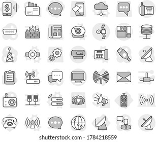 Editable thin line isolated vector icon set - mobile pay, balloon, satellite, phone, consolidated cargo, remote control, wireless, antenna, connect vector, server, cloud, office, web camera, router